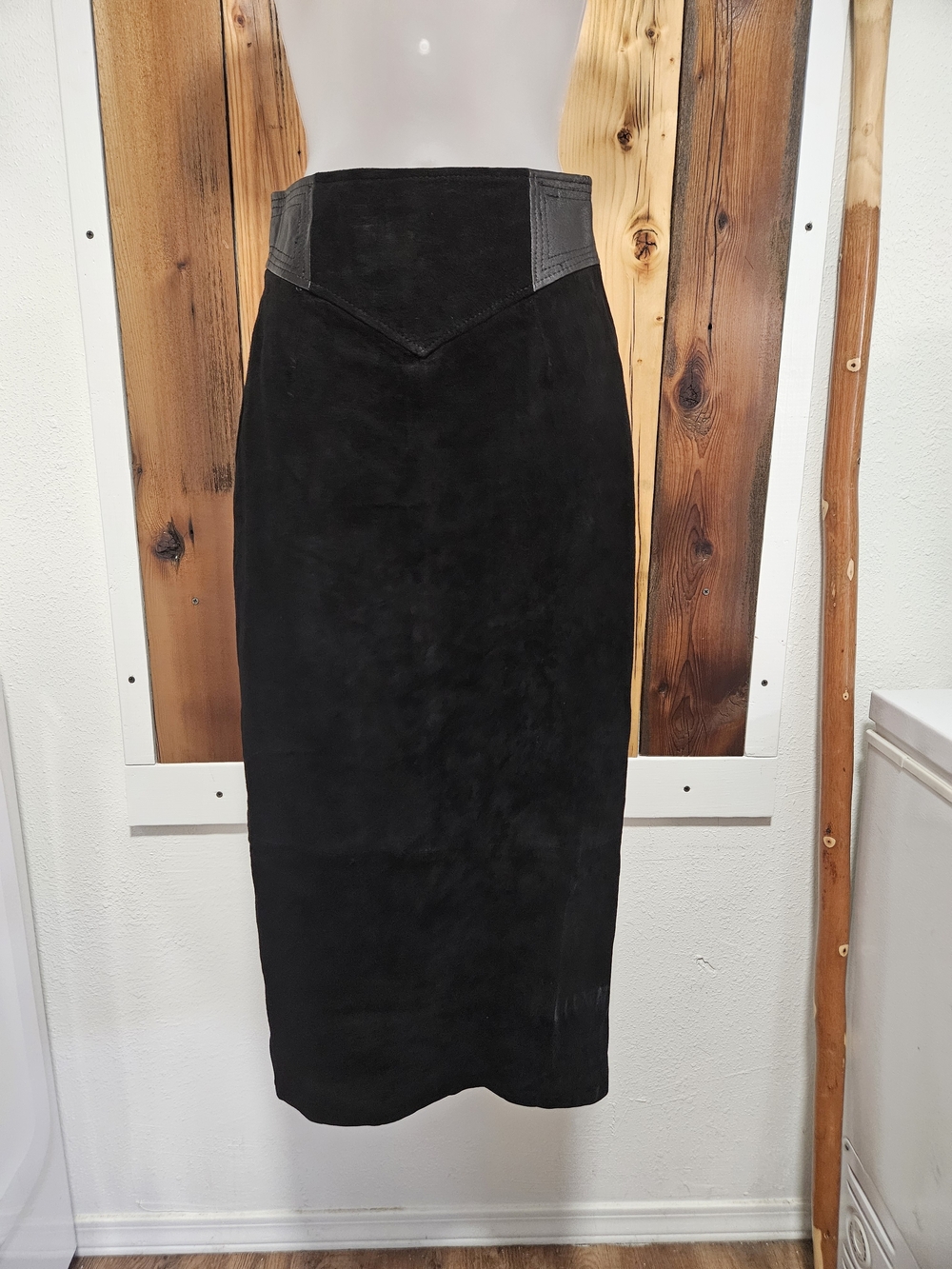 High-Waist Black Suede Midi Pencil Skirt